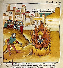 Verbrennung des Jan Hus auch Johannes Huss genannt auf dem Scheiterhaufen am 06.07.1415 in Konstanz. Darstellung aus der Spiezer Chronik von 1485  -  Fr eine grer Bilddarstellung klicken Sie bitte auf das Bild.