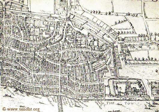 London im Jahre 1574 - im Vordergrund der Stalhof - Stiliards - Grundriss von Braun U. Hogenberg  -  F�r eine gr��e Darstellung klicken Sie bitte auf das Bild.